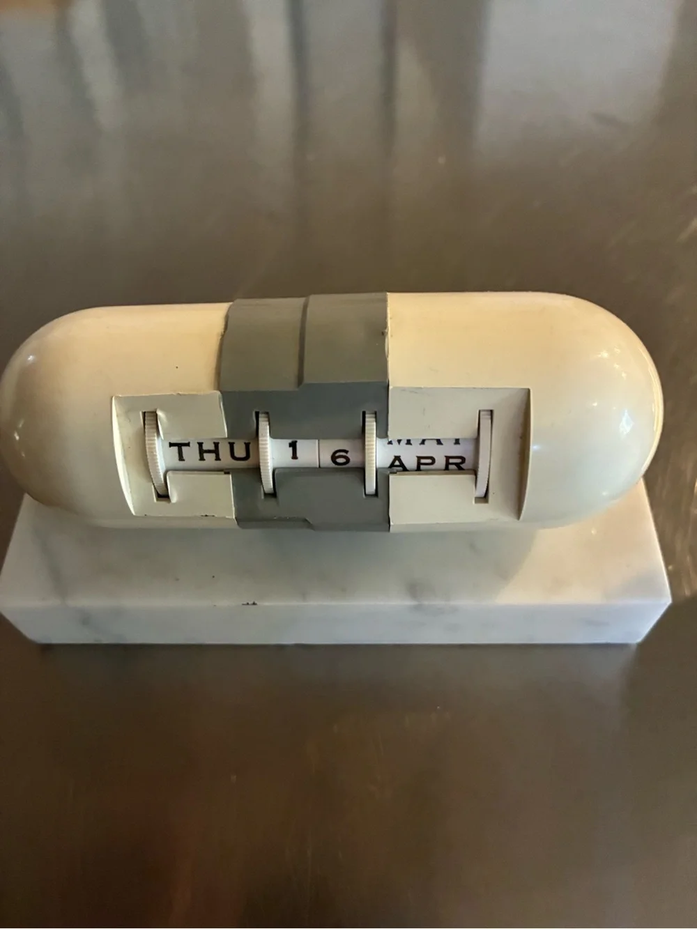 Pill Capsule Desk Calendar Cream /Gray Desktop Perpetual Calendar on Marble Base